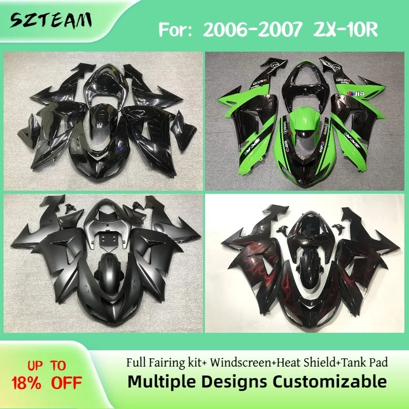 

Комплект обтекателей для мотоцикла Kawasaki ZX10R 2006-2007, глянцевый и матовый черный, с красным огненным рисунком, полный комплект