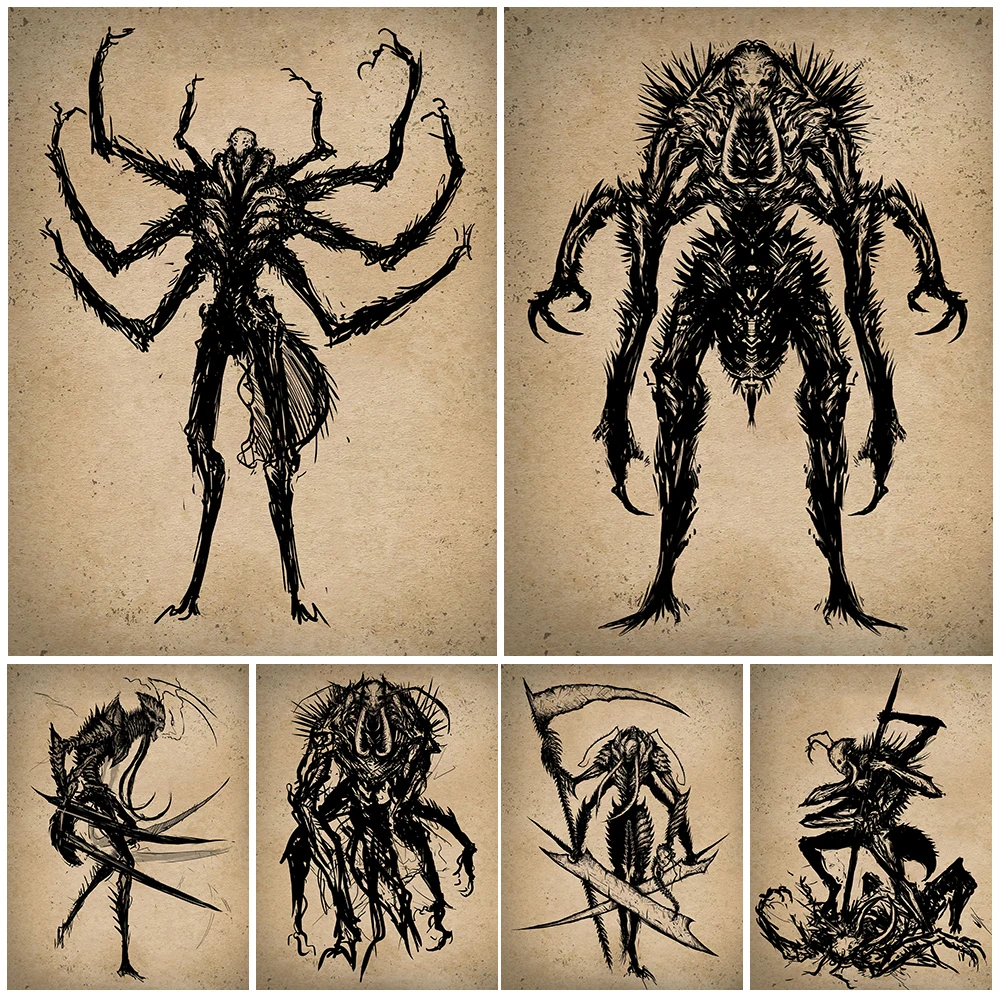 

Alien Insect Warrior Vintage Wall Art Canvas Painting Four Handed Insect Swordsman Retro Poster And Prints Home Decor Unframed