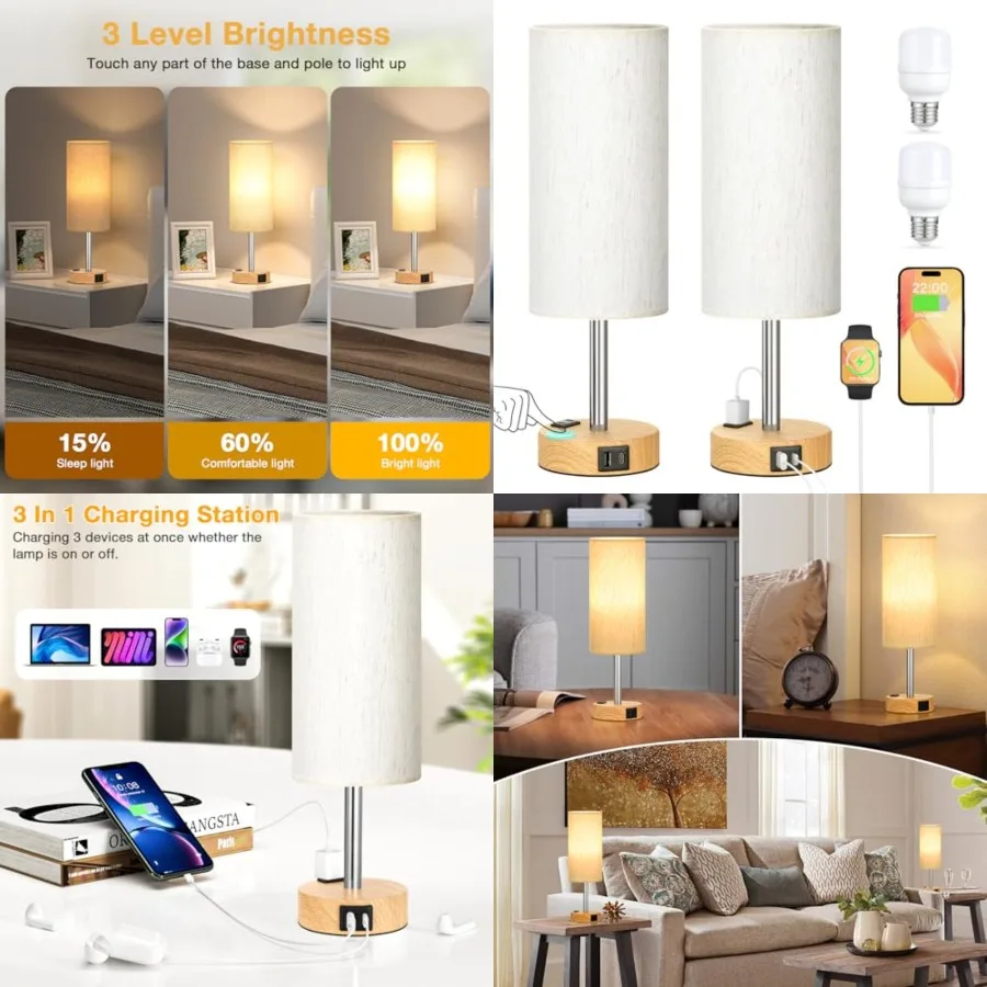 

Touch Bedside Table Lamps Set - 3 Way Dimmable Bedroom Lamps Set of 2 with USB C and A Ports, Small Lamps for Nightstand with A