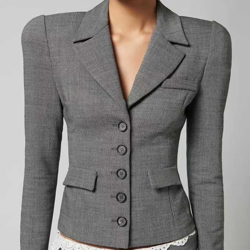 

Slim-fit grey blazer with a collar and single button fastening, suitable for business casual wear, and great for slimming down.