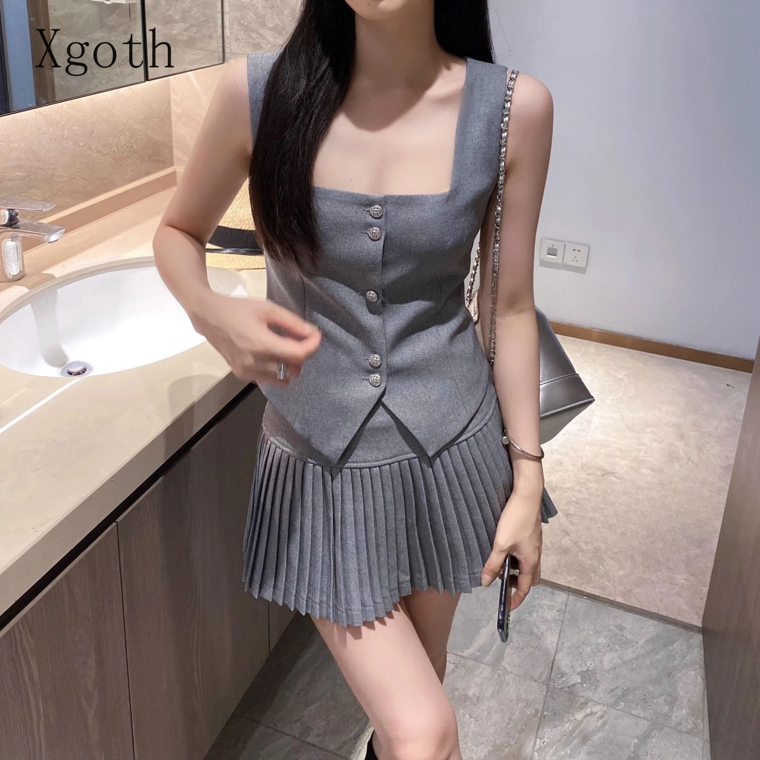 Vintage Preppy Waistcoat Pleated Skirt Suit Female Summer New 2024 Pure Spice Waist Texture Conjunto Twede Feminino