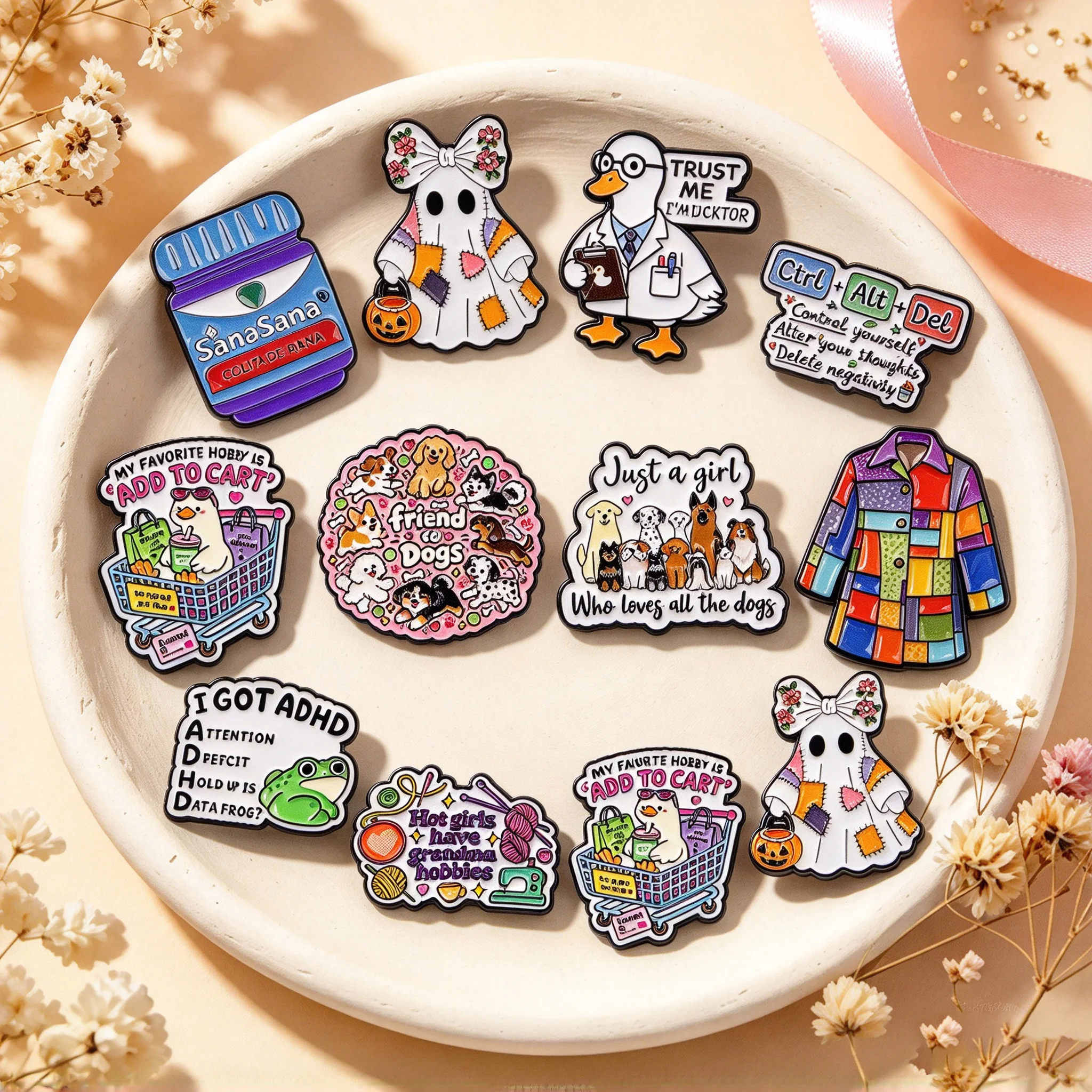 Cute Kawaii Funny Ghost Duck Doctor Dog Frog Cartoon Pins Badges for Backpack Hats Clothes Bags Decor Accessories Gifts Friends