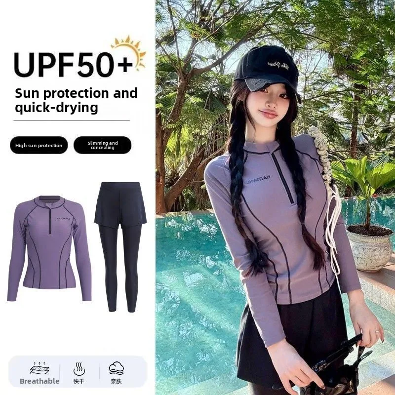 conservative-thermal-dive-suit-two-piece-set-long-sleeve-girl-style-swimsuit-belly-covering-slimming-sunscreen-outdoor-campin