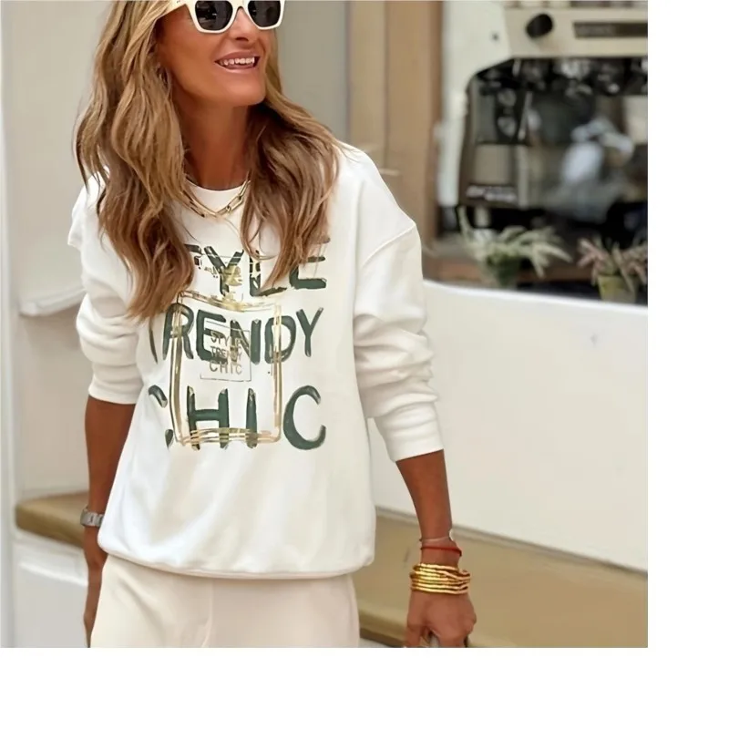 White Top Hoodie Autumn Women's New Long Sleeved Letter Printed Casual Loose Round Neck Pullover Versatile Fashion Hoodie 2024