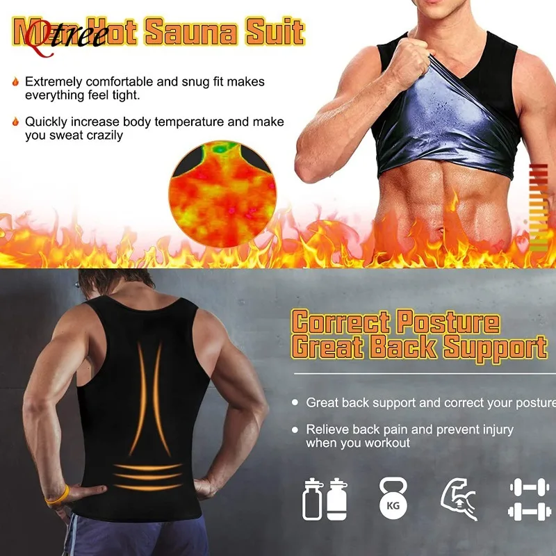 Qtree Sweat Sauna Vest Mens Body Shaper Compression Workout Suit Fat Burning Shirt Belly Slimming Weight Loss Waist Trainer Tops