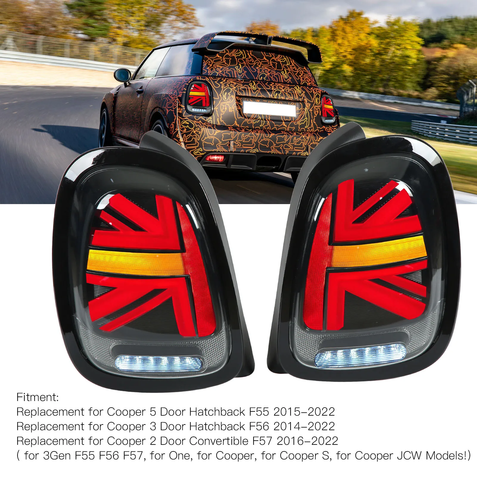 

For Mini Cooper S JCW F55 F56 F57 2014‑2022 1 Pair Full LED Tail Light Smoked Lens With Sequential Turn Signal Replacement