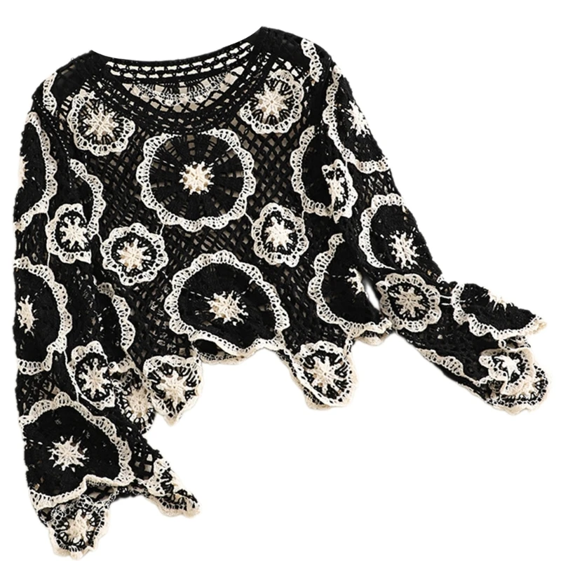 Womens Hollowed Knit Long Sleeve Shirt Crochet Floral Cover Up Sweater Crop Top