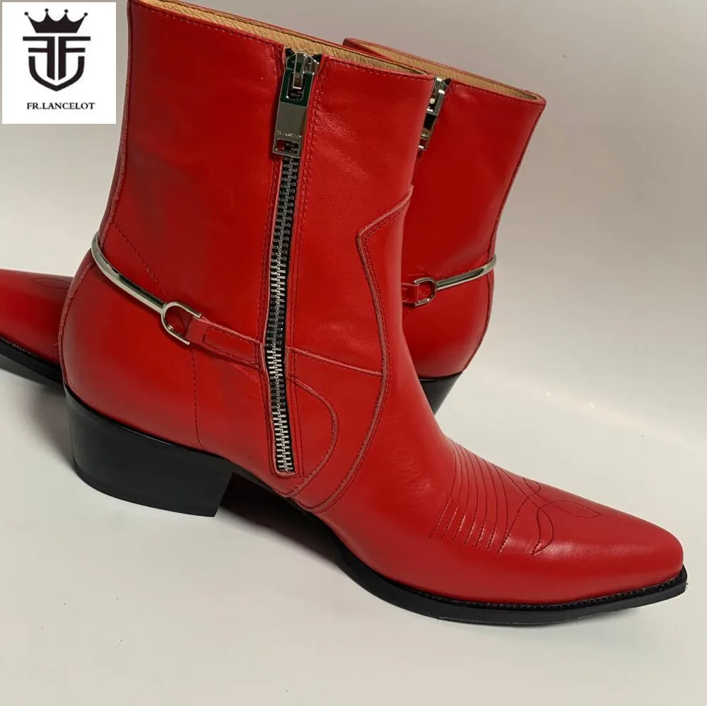 Brand New Fashion men red boots men point toe embroidery boots side zip mujer botas chunky heel