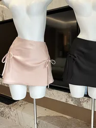 Fashion Satin Mini Skirt Women Cozy Bottoms High Waist Sexy Hot Girl Korean A-Line Skirt Bow Streetwear Clothes American Retro