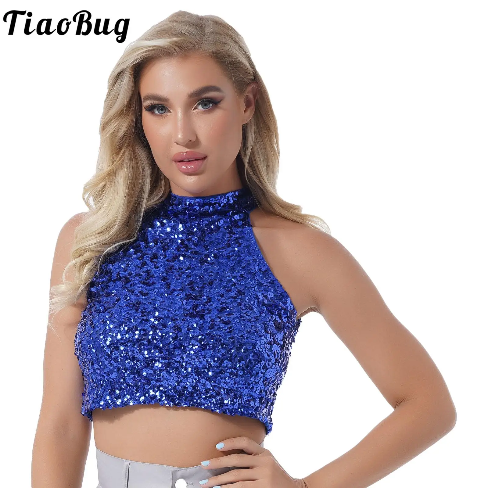 Shiny Sequin Crop Top for Womens Nightclub Rave Party Sparkling Tank Top Sexy Halter Club Cami T-shirt Tops Pole Dance Costume