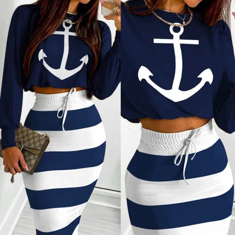 New Navy Style Casual Anchor Letter Print Long Sleeve T-shirt Skirt Set