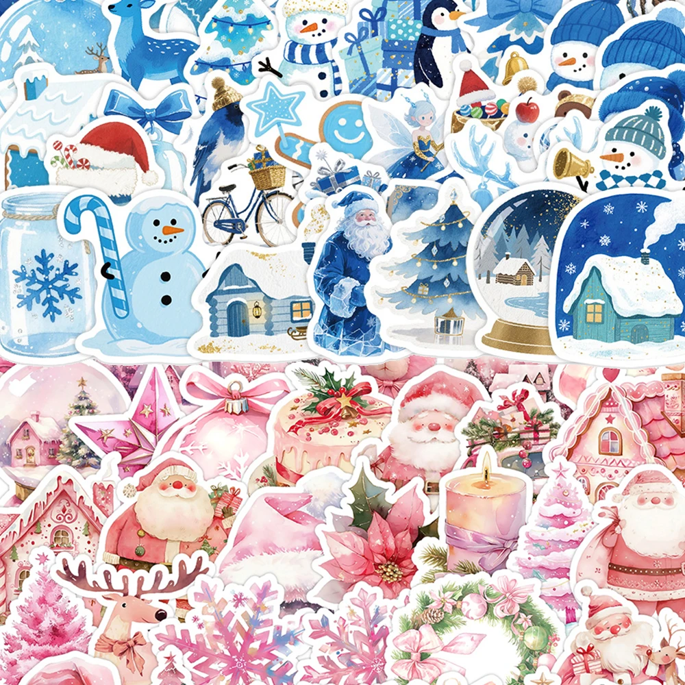 

10/30/50/100pcs Cute Blue Pink Christmas Aesthetic Stickers DIY Luggage Phone Gutiar Cartoon Santa Claus Animals Decals Packing