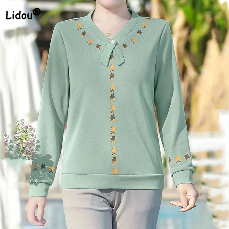 

Elegant Fashion Solid Color Printed Spliced Tops Women's Clothing Spring New Casual Commute Long Sleeve Beading T-shirt Female