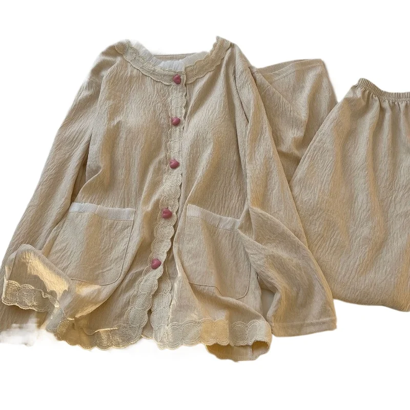 spring-autumn-with-padded-solid-color-heart-shaped-crew-neck-japanese-style-loose-and-comfortable-loungewear-set-lace-pajamas
