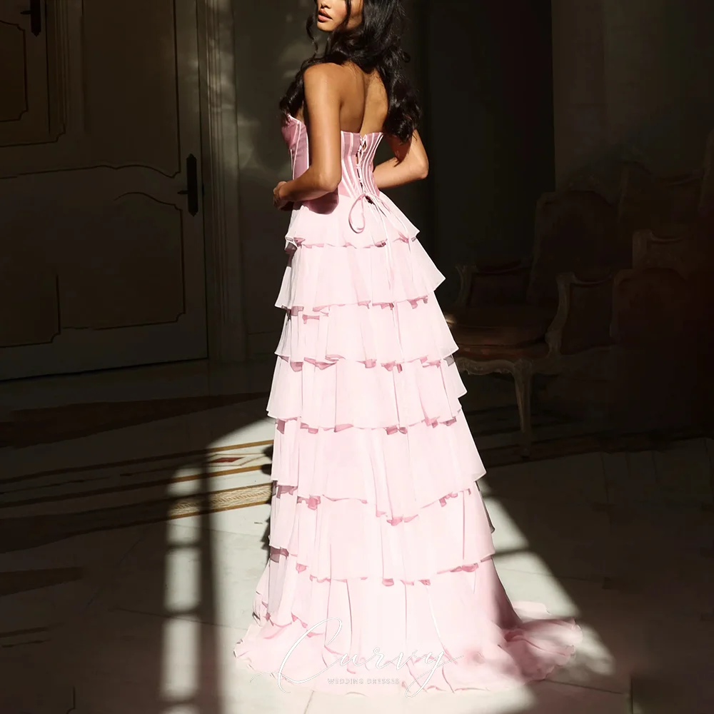 Curvy Blush Whimsical Strapless Tiered Prom Dresses for Women Satin Corset Bodice with Chiffon Skirt High Slit Customized