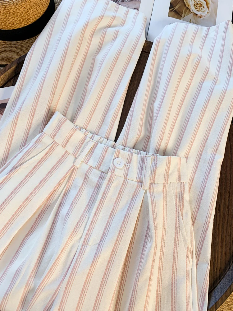 ピンクのストライプ柄スーツパンツ レディース 春夏 オフィスレディー ゆったり ワイドレッグパンツ ハイウエスト カジュアル シンプル 可愛い ストレートパンツ 新作