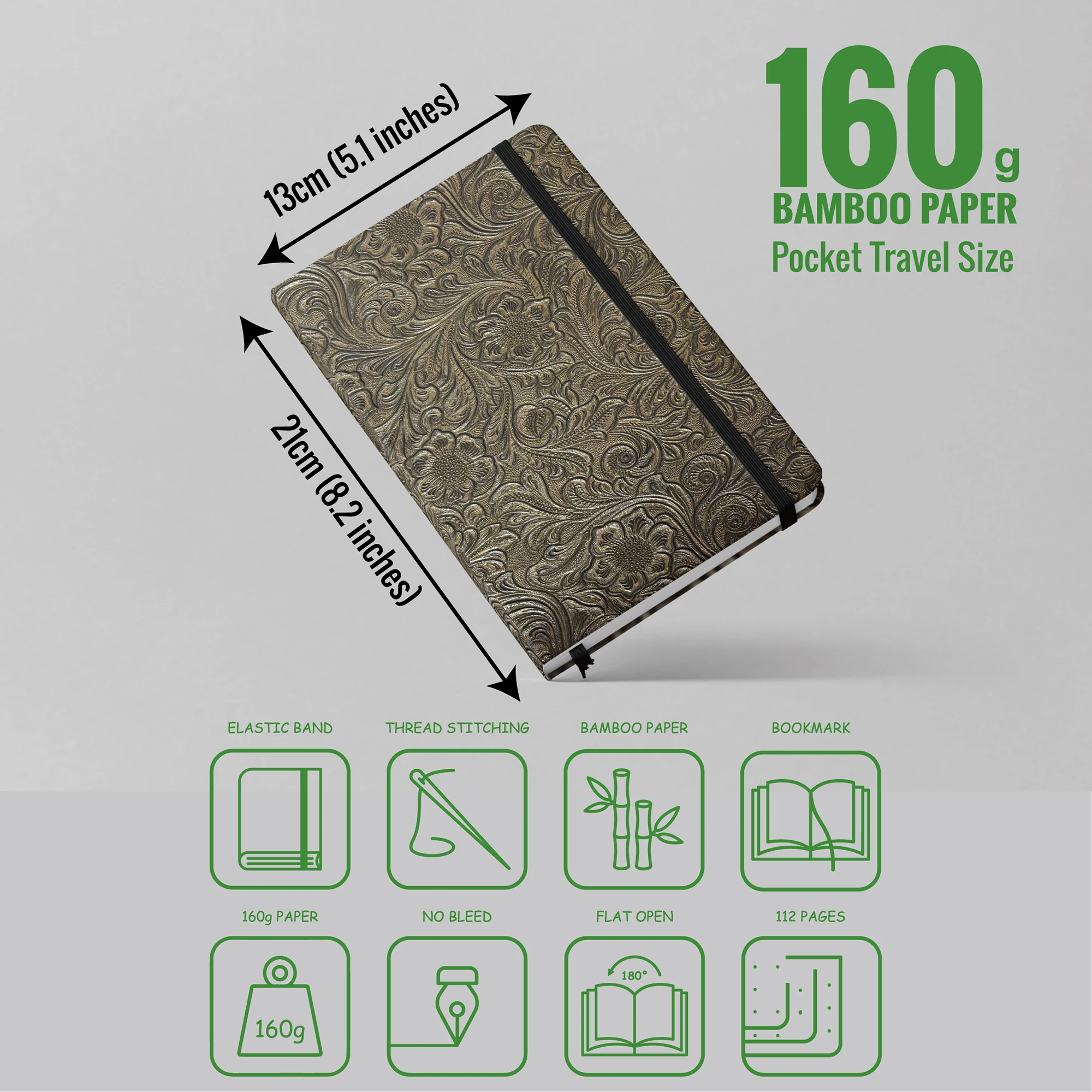 BUKE Retro-Notizbuch mit Blumenmuster und Punkten, 3D-geprägtes Kunstleder, A5-Format, Hardcover, 160 g/m² dickes Papier, Notizbuch mit 5x5-mm-Punktraster. – Detail 1