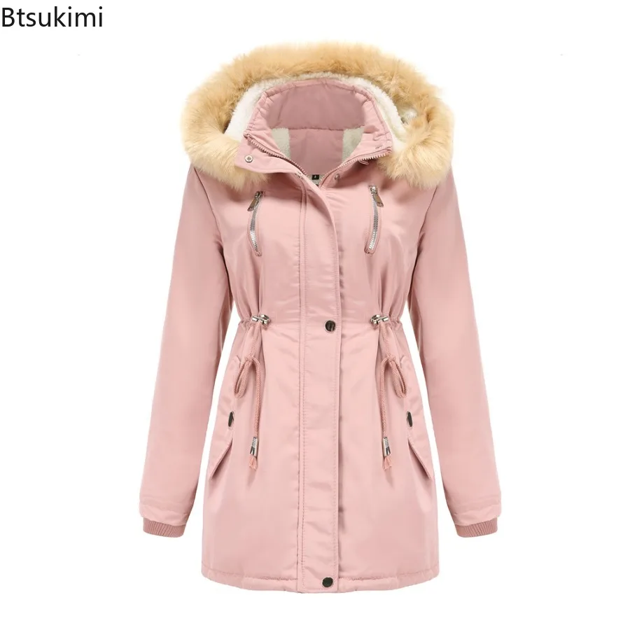 2025 Women Parkas Lamb Wool Hoodies Coats Thick Warm Tight Waist Loose Autumn Winter Casual Jackets Winter Mid Length Parka Coat