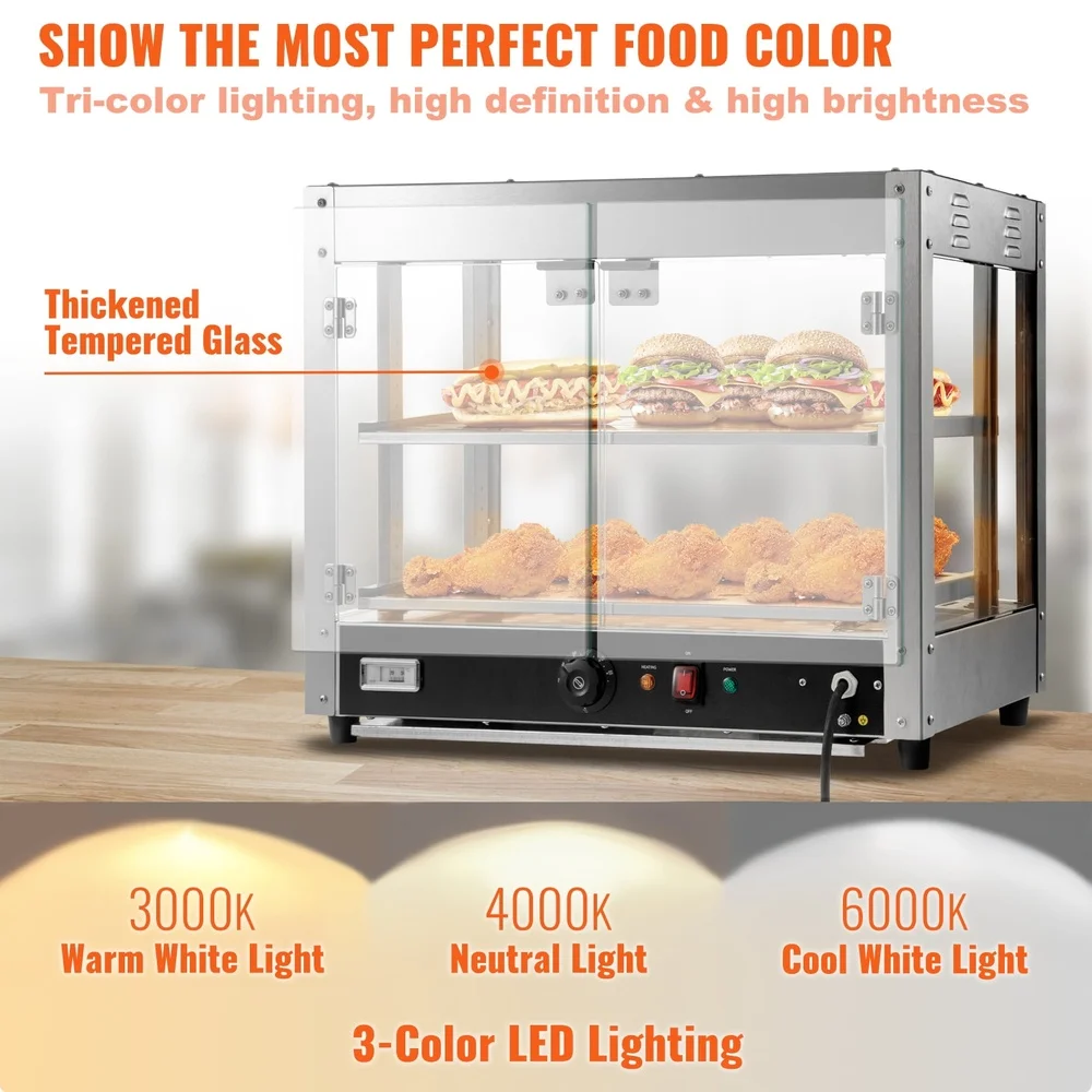 2-Tier Commercial Food Warmer Display Stainless Steel Pizza Cabinet with Water Tray Temperature Control LED Lighting Canteens