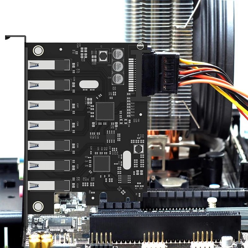 Cartão USB 3.0 PCI-E Express com um conector de alimentação SATA de 15 pinos, super velocidade, 7 portas, adaptador PCIE