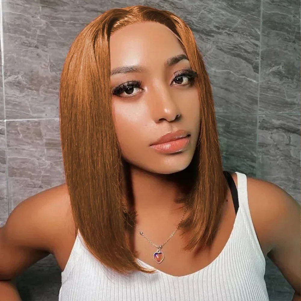 8-14 Zoll Kurze Bob-Perücken aus Echthaar mit Glatter Struktur # 4 Schokoladenbraune 13x4 HD Lace Front Perücken mit 200er Dichte aus Echthaar