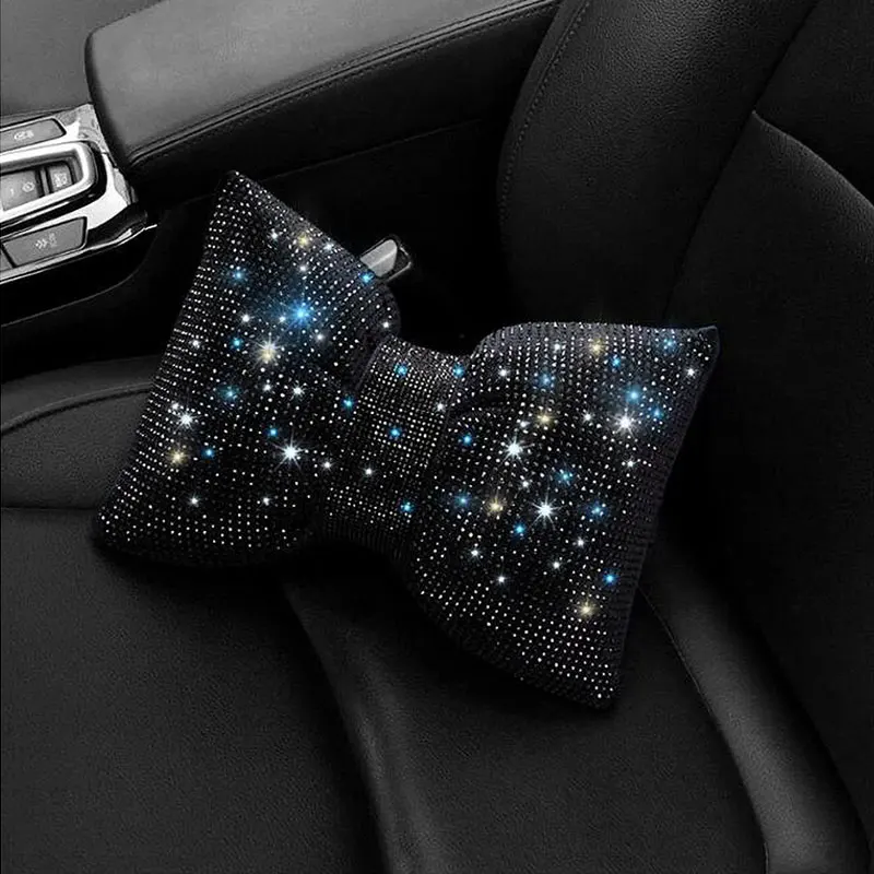 1PC Diamond Crystal Bowknot Car Neck Pillow Rhinestone Auto Headrest Seat Support Waist Pillows Bling Car Accessories for