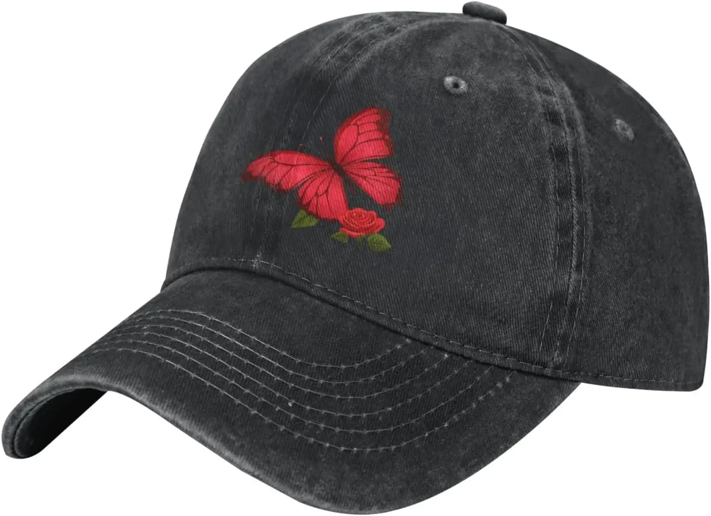 

Black Rose red Butterfly Printed Washed Cowboy Baseball Cap for Adults - Stylish and Breathable Hat