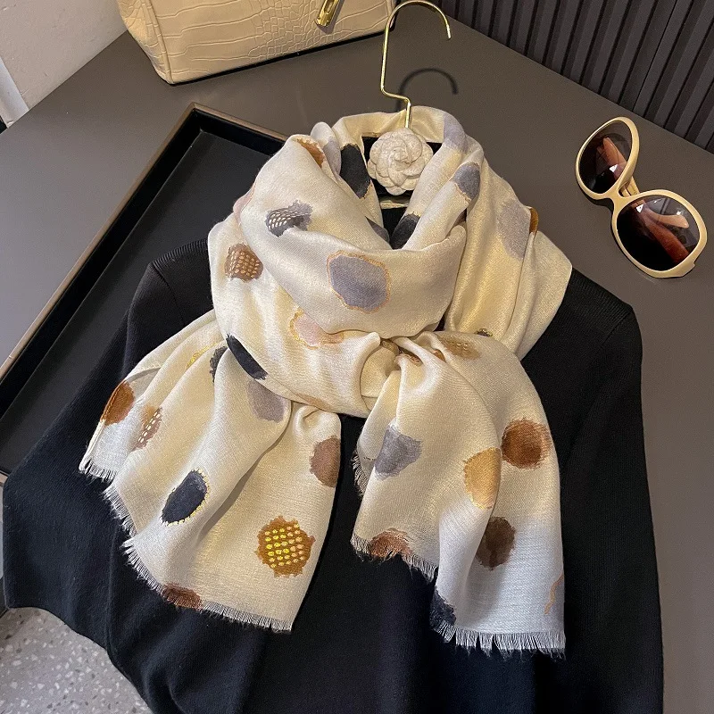 Теплый шарф из смеси хлопка и льна Gold Emed, атласный шелковый шарф в горошек, универсальная накидка на плечо, универсальный аксессуар Faion