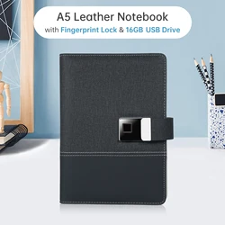 A5 Leather Notebook with Fingerprint Lock and  16GB High-Speed USB Drive Lined Journal Planner 100-Page 6-Ring Binder 4 Card