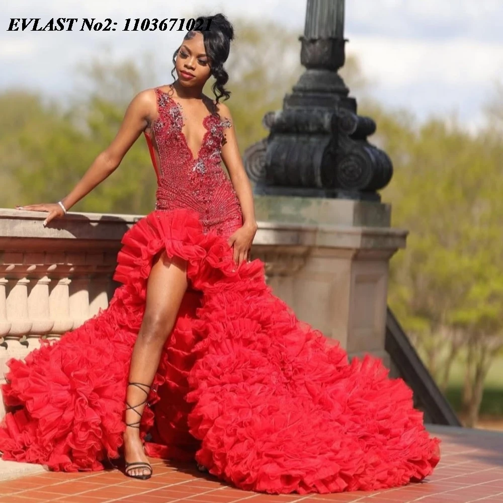 

EVLAST Customized Aso Ebi Red Beading Prom Dress Black Girls Birthday Dress Photoshoot Applique Crystals Party Gown E2P562