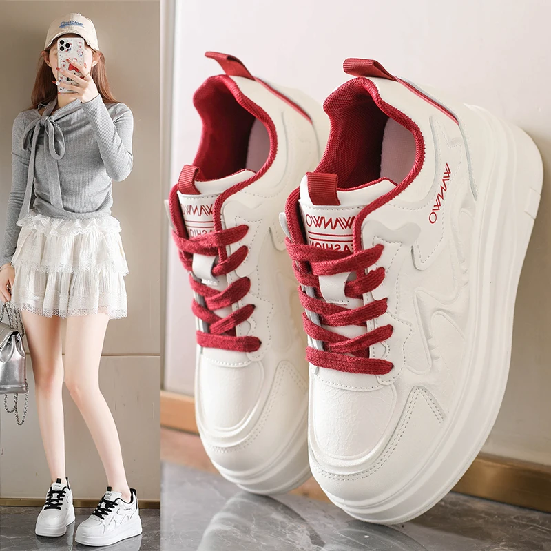 

2025 New Multi Color Women's Lace Up Chunky Platform Sneakers with 6CM Heel Wear Resistant Rubber Sole for Casual Daily Wear