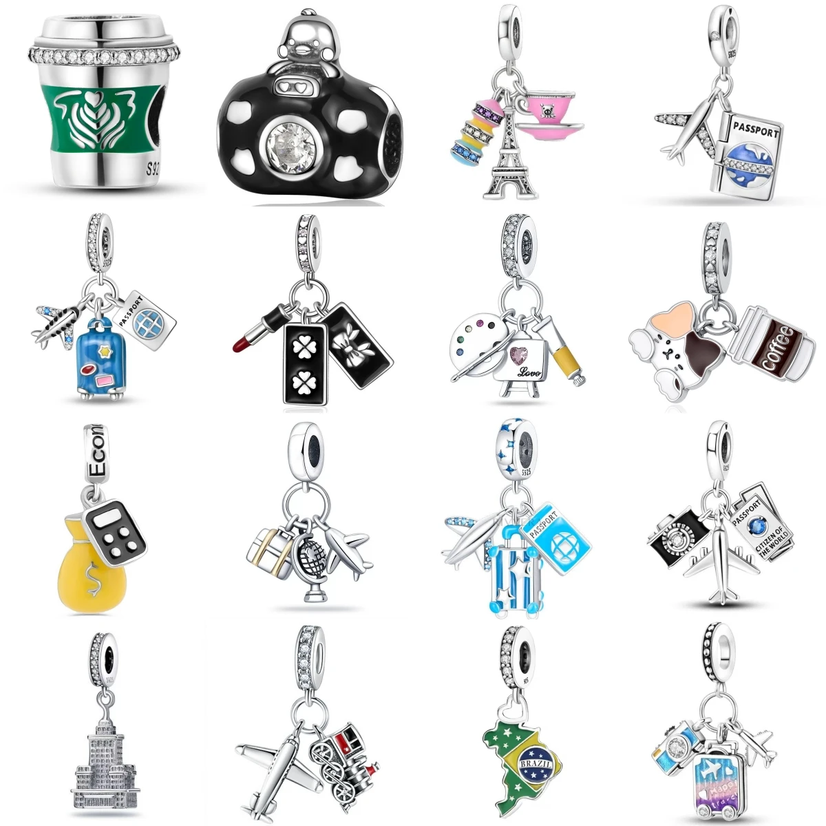 

925 Sterling Silver Travel Series Charm Bracelet Accessories Camera Airplane Coffee Drawing Board Beads DIY Jewelry Women Gift