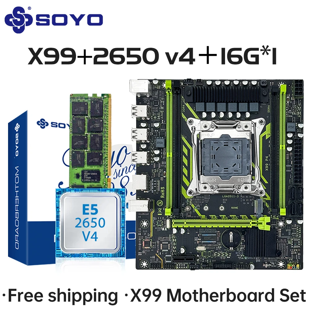

X99 Motherboard Kit With Intel E5 2650 V4 CPU & Dual-channel DDR4 16G*1 2133MHz ECC RAM for Gaming Computer components SOYO