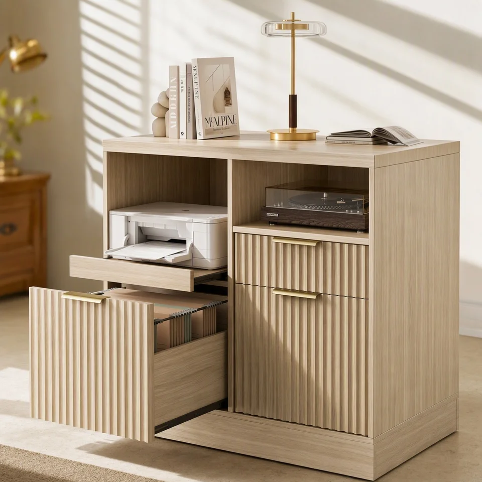 Fluted Wood Lateral Filing Cabinet with Charging Station