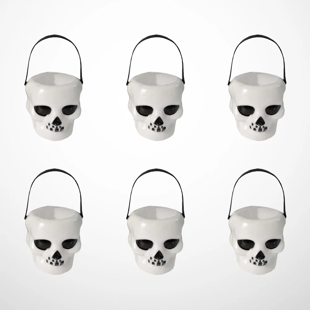 6pcs 6x55cm Halloween Candy Bucket Skull Heads Shaped Trick or Treat Candy Pail Holder (White) halloween candy holder