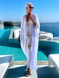 White Maxi Dress Swimsuit Cover Up  V Neck Gold Embroidery Long Dress Robe Plage Kaftan Sarong Beachwear Pareo Cover-up