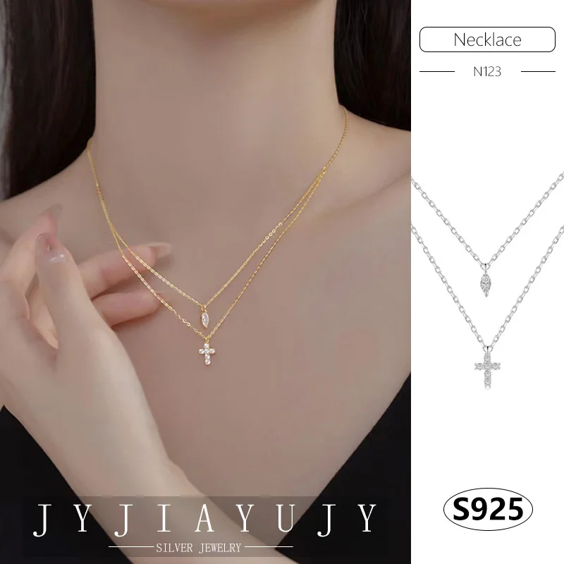 

JYJIAYUJY 100% Sterling Silver S925 Necklace Diamond Cross Shape Double Chain Trendy Hypoallergenic Women Fine Jewelry Gift N123