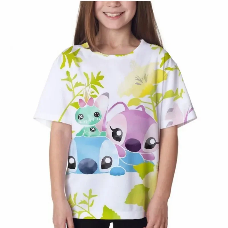 子供、男の子、女の子のためのディズニーステッチ3DプリントTシャツ,かわいい漫画,ファッショナブル,1〜14歳の子供のためのTシャツ,夏,2024