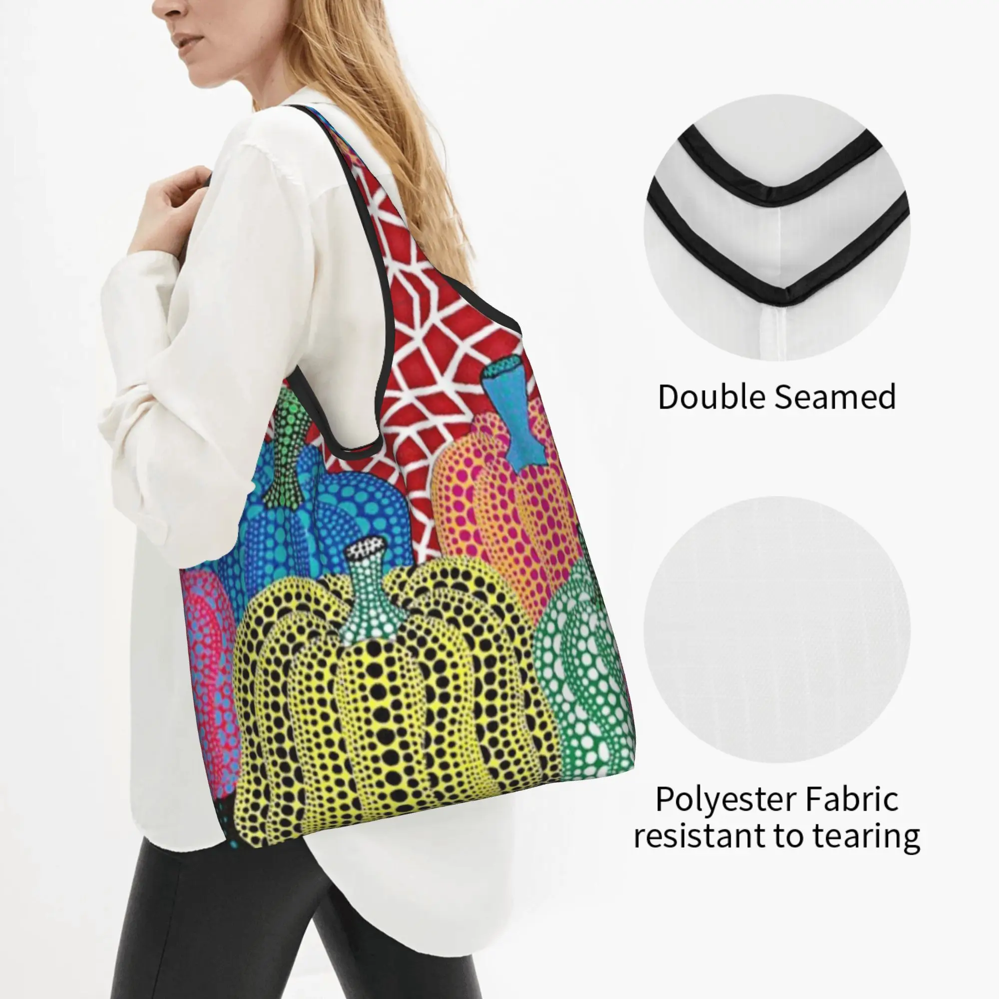 Kawaii Three Polkadot Pumpkin Art Shopping Tote Bag Portable Yayoi Kusama Grocery Shopper Shoulder Bag
