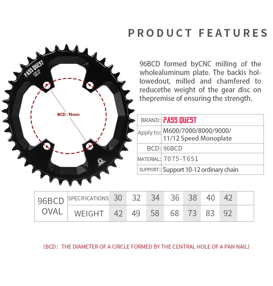 PASS QUEST 96BCD OVAL Road Bike Narrow Wide Chainring 30-42T Chain Wheel Black Bicycle Accessories