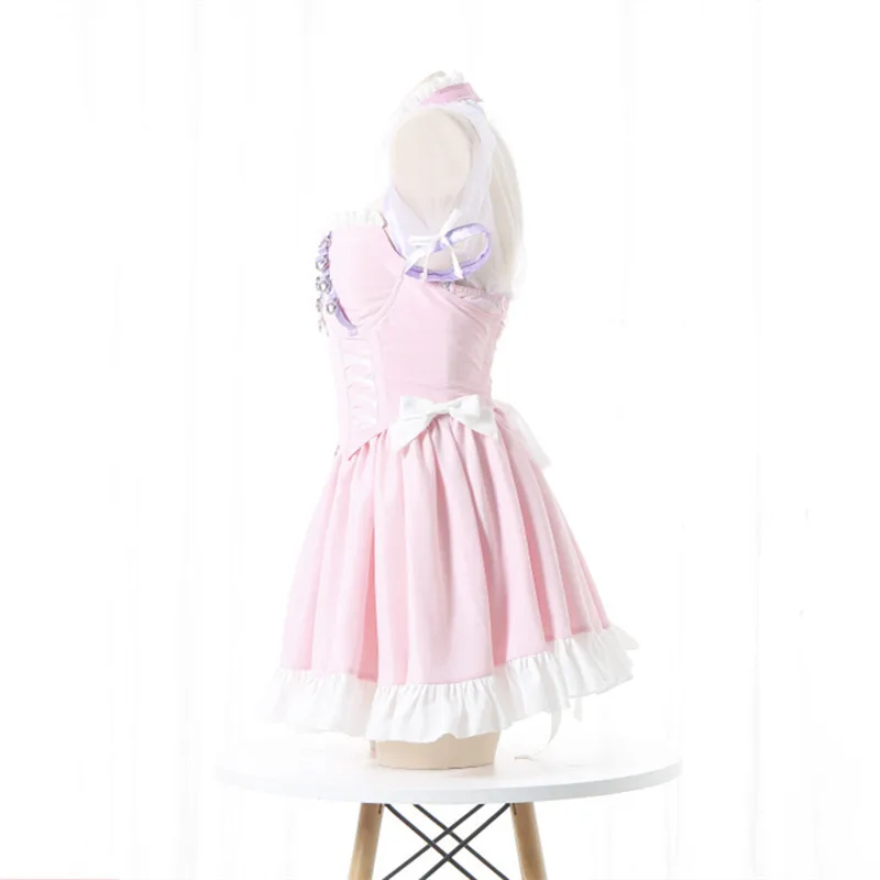 Sweet Japanese Kawaii Lolita Maid Dress Pink Sexy Soft Girl Birthday Party Dress Puff Sleeve Harajuku Maidservant  Role Play