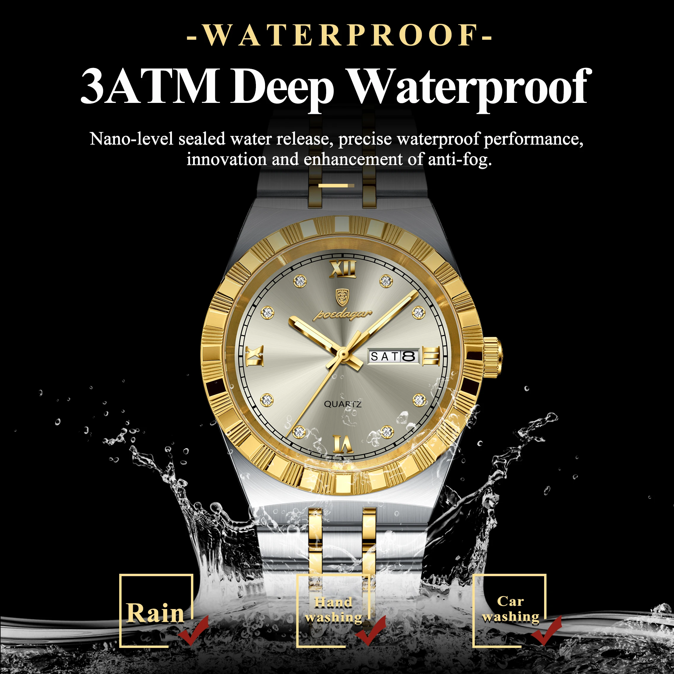 Poedagar marca de luxo relógios masculinos à prova dwaterproof água aço inoxidável relógio luminoso masculino semana data moda masculino quartzo relógio pulso reloj