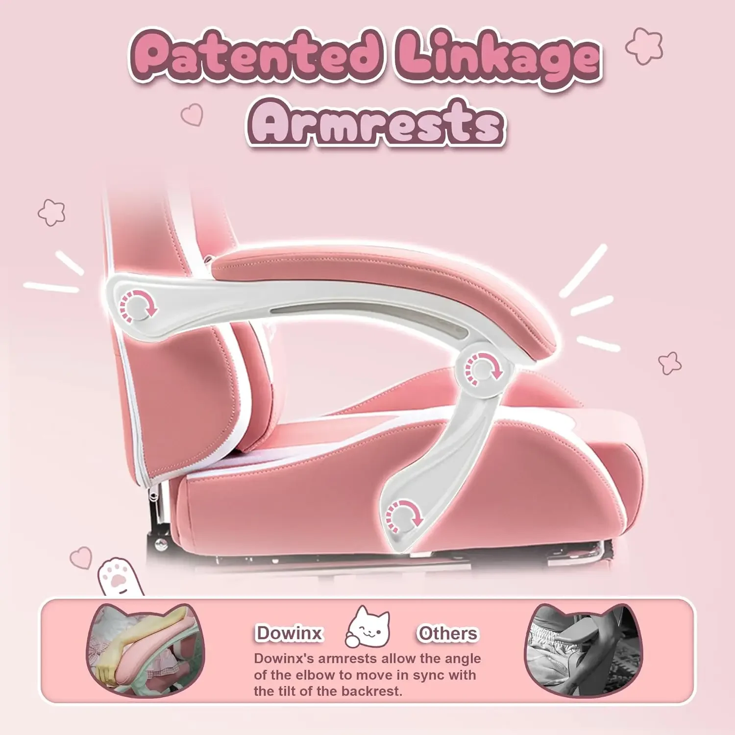 Dowinx Gaming Chair Cute with Cat Ears and Massage Lumbar Support, Ergonomic Computer Chair for Girl with Footrest and Headrest,