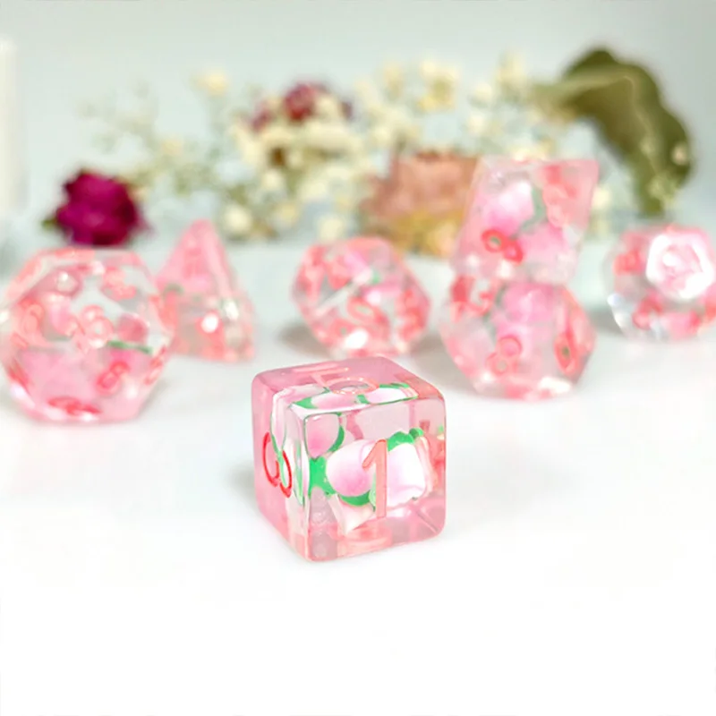 7PCS Resin Dices Set New Transparent Pink Honey Peach Polyhedral Dices Entertainment Accessories for Home Decor Table Game