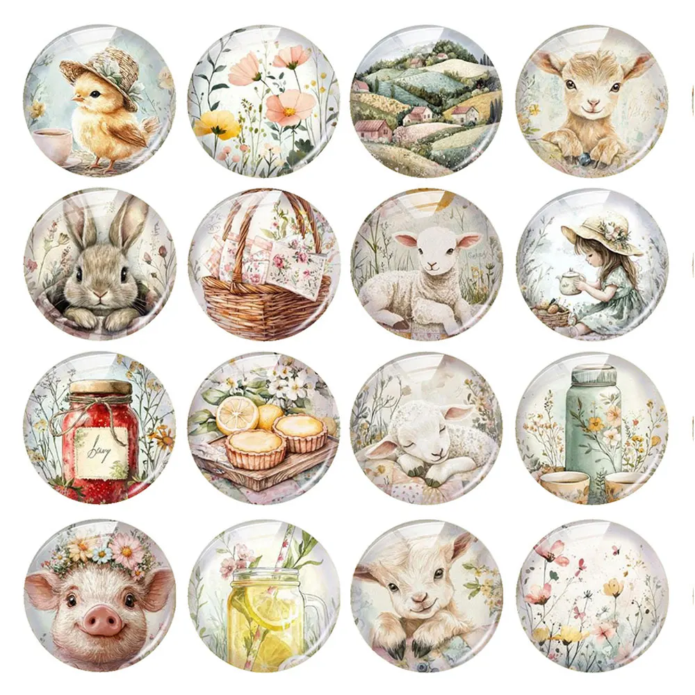 Random Mixed Round/Oval/Square Countryside Picnic Animals Bunny Photo Glass Cabochon Flatback Demo Cameo For Diy Jewelry Making