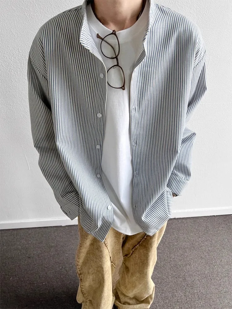 

Blue White Stripes Stand Collar Long Sleeve Men's Shirt Trendy American Style Cleanfit Outerwear Casual Loose Fit Spring
