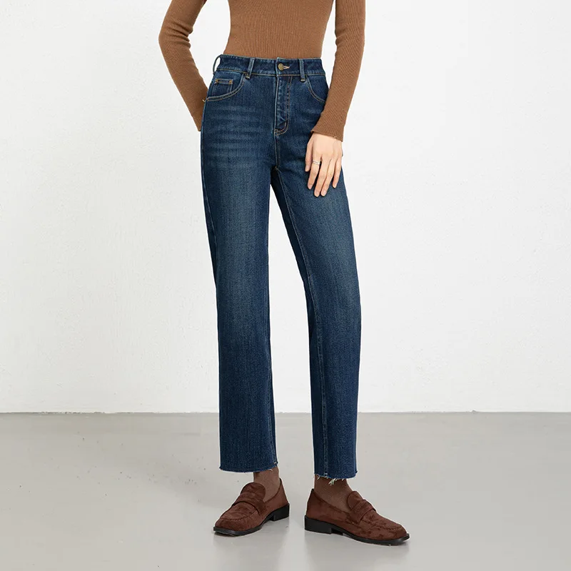 High Waist Thickened Flocking Denim Straight Leg Frayed Pants Women's Autumn Winter New Style Nine Points Jeans 8136H