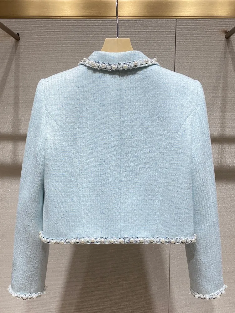 New Fashion Elegant Women Turn Down Collar Slim Fit Pearl Single Breasted Jacket French Style Office Lady Designer Outwear Coat