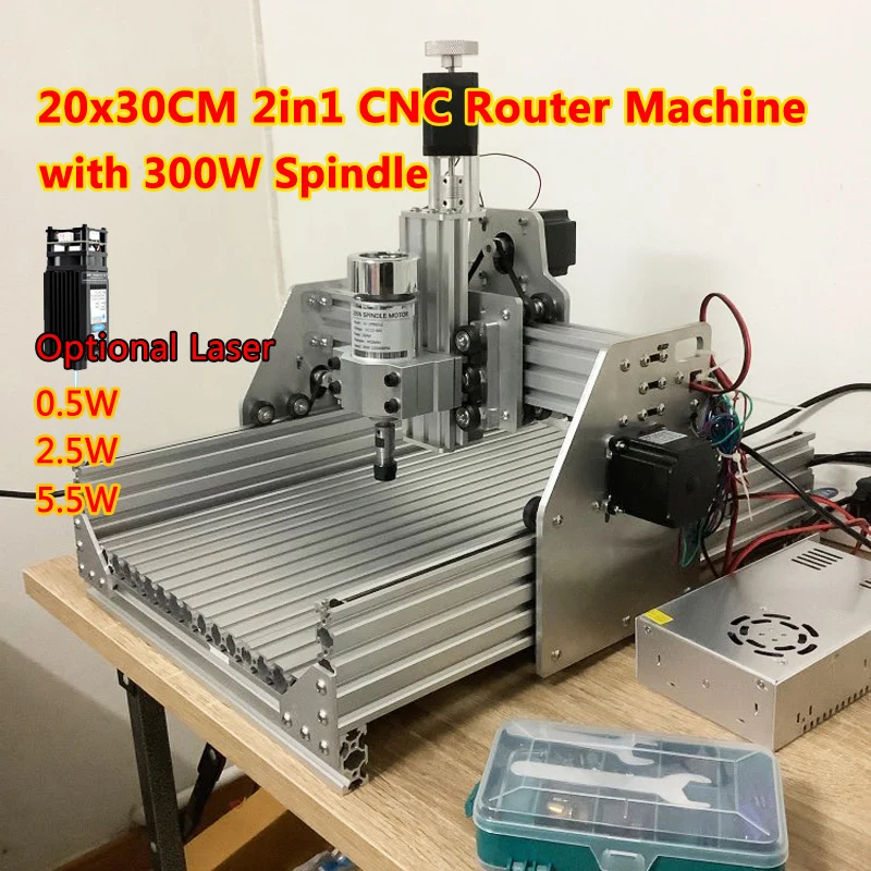 DIY CNC Router Engraving Machine 20x30CM 2 in 1 Nameplate Marking Equipment with 300W Spindle 0.5W 2.5W 5.5W Laser Optional