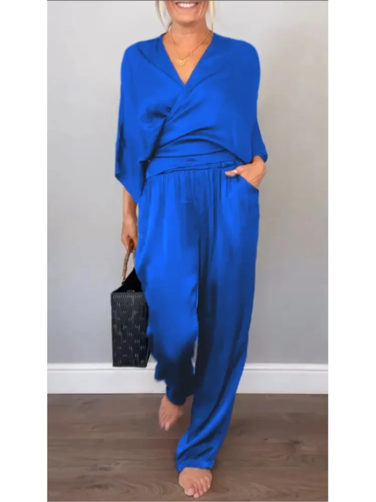 Spring Thin Satin Loose Suit Fashion Elastic Waist Straight Office Outfit Casual Women's V-neck Long Sleeved Top And Pants Sets